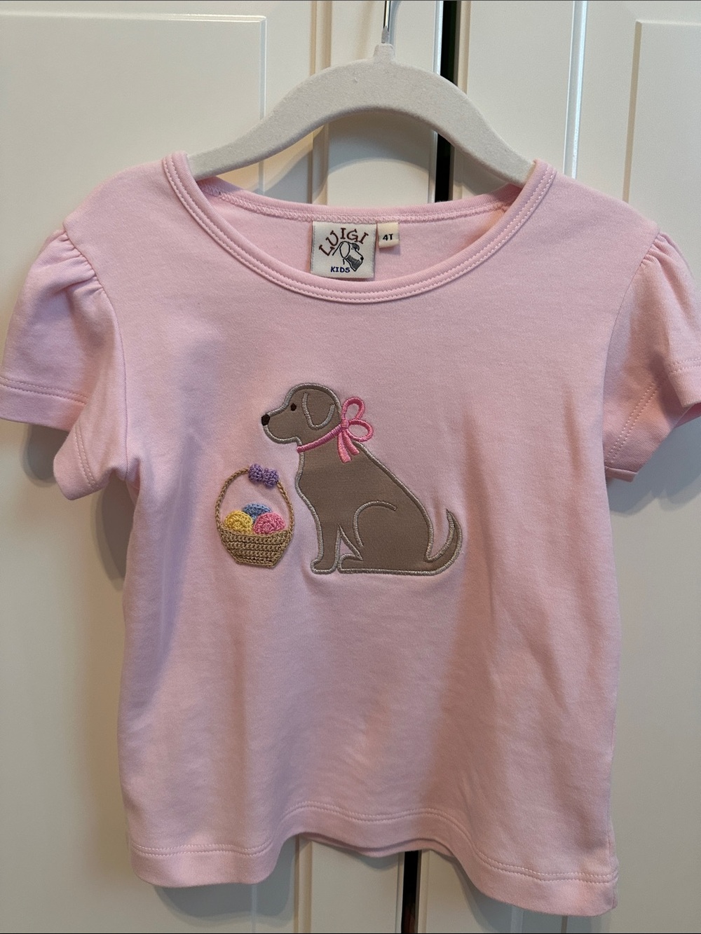 Luigi Kids Pink Short Sleeve Tee with Dog & Basket Applique - 4T